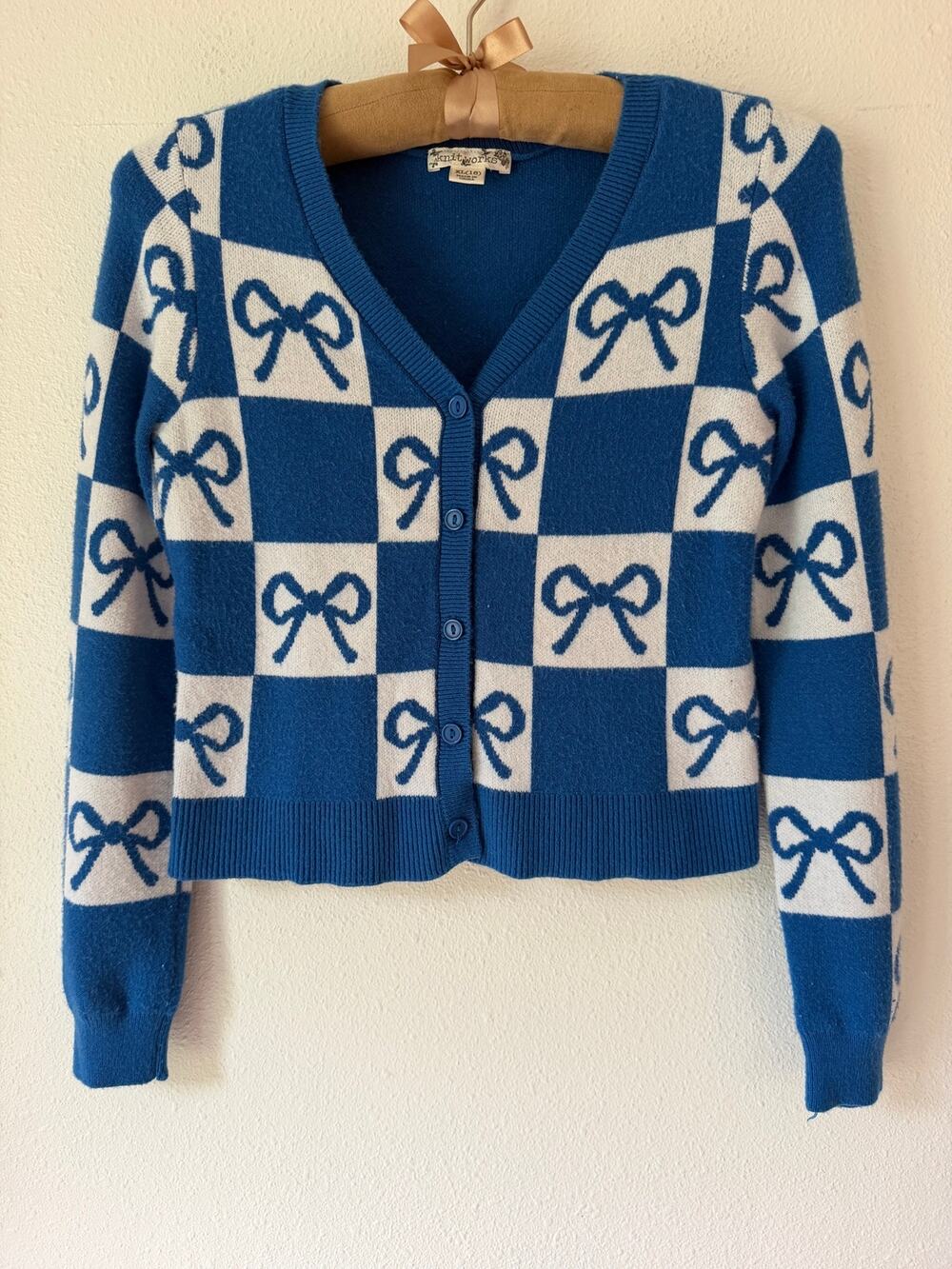 Knitworks Blue White Checkerboard Bow Print Button Up Cardigan Girls Size XL 16
